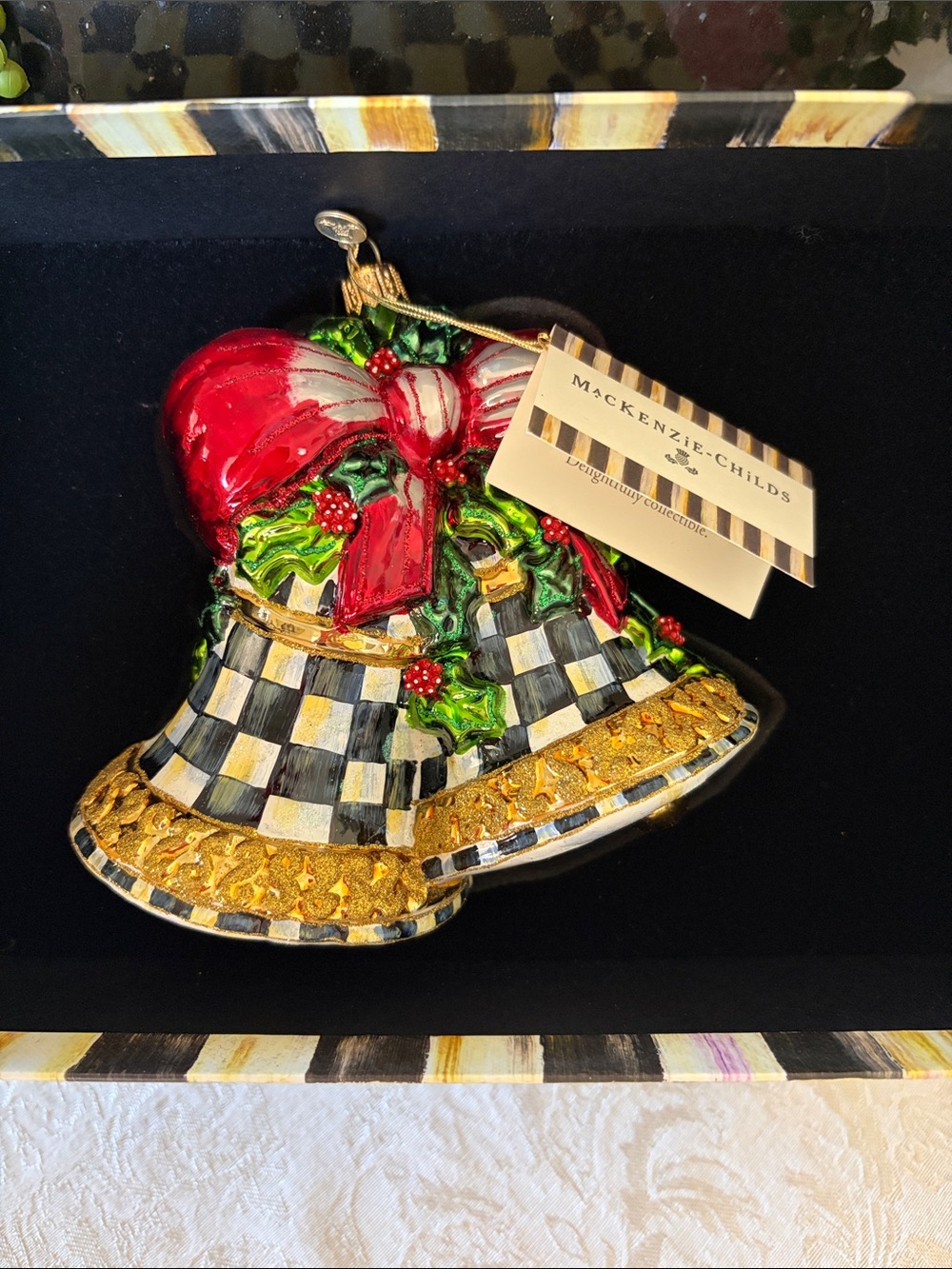 MacKenzie-Childs Red, Black & Gold Check Bell Ornament